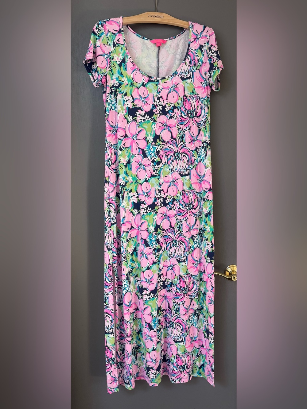 Lilly Pulitzer Sz M Pink Floral Maxi Dress with Navy & Green Accents